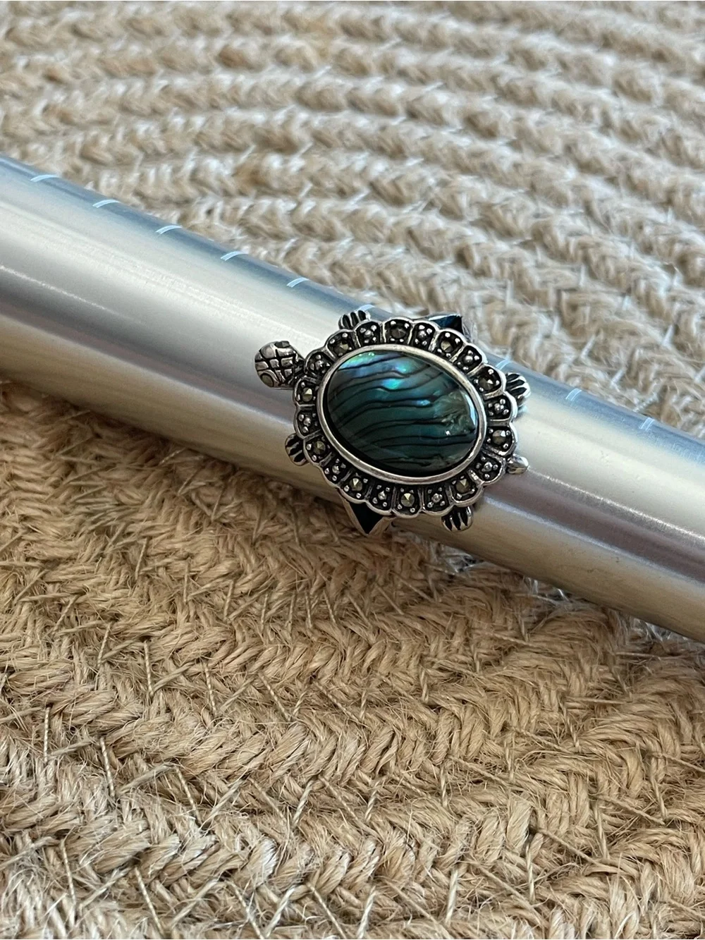 Vintage Abalone‎ and Marcasite Turtle 925 Sterling Ring Womens 9.5